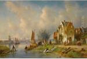 A Summer Landscape With Figures On A Riverbank A Summer Landscape With Figures On A Riverbank