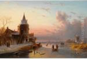 Skaters On A Frozen River At Dusk by Charles Henri Leickert