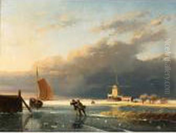 A Frozen Waterway With Figures On The Ice, A Windmill In The Distance - view 1