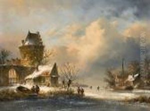 Winter Scene With Figures On A Frozen River Beside A Castle