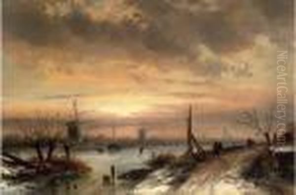 Figures At A Frozen Dutch Waterway, Dusk - view 1