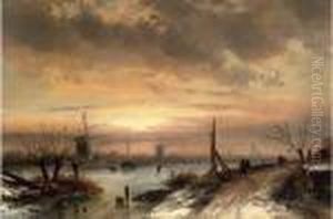 Figures At A Frozen Dutch Waterway, Dusk by Charles Henri Leickert