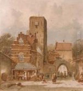 Towngate With Figures by Charles Henri Leickert