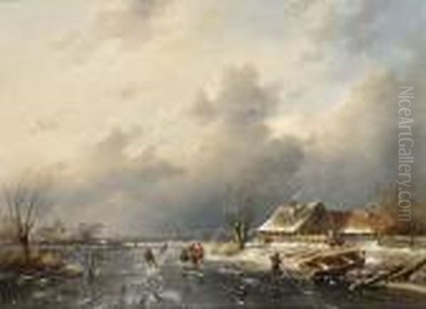 Frozen Waterway With Skaters By A Cottage - view 1