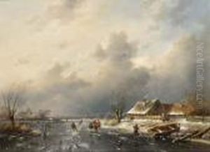 Frozen Waterway With Skaters By A Cottage by Charles Henri Leickert