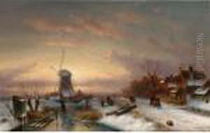 A Winter Landscape With Skaters On The Ice by Charles Henri Leickert