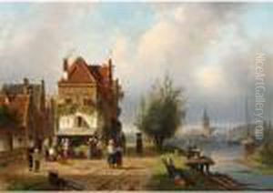 A Town View With Figures By A Market Stall by Charles Henri Leickert