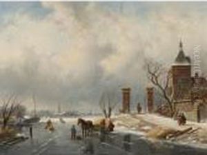 Skaters And Sleds On A Frozen River by Charles Henri Leickert