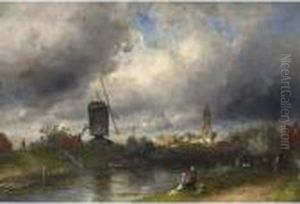 Washer Women On The Waterfront, A Town In The Distance by Charles Henri Leickert