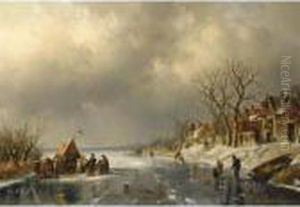 Skaters On A Frozen River With Figures Near A 'koek En Zopie' by Charles Henri Leickert