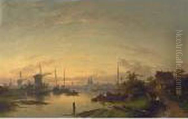 A River Scene At Dusk, Windmills In The Distance - view 1