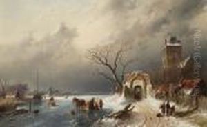 Winter Landscape With Figures Skating, A Windmill Beyond