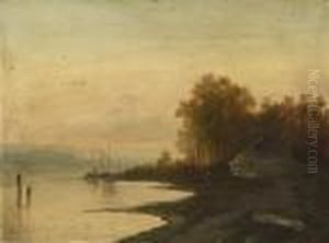 Abendstimmung Uber Flusslauf Mit Gehoft by Charles Henri Leickert