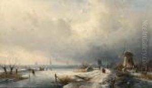 Winter Landscape With Figures Near A Windmill by Charles Henri Leickert