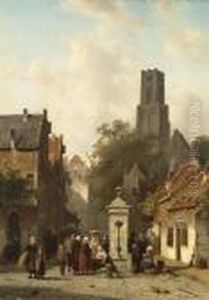 Vegetable Sellers At A Town Well
 In A Sunlit Dutch Town; A Market Scene In A 
Wintry Dutch Town
