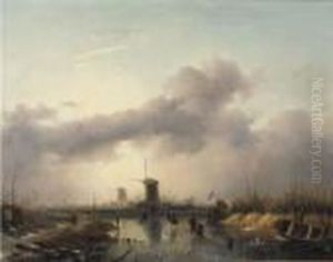 Winterlandscape With Figures On A Frozen River, A Koek En Zopiebeyond Winterlandscape With Figures On A Frozen River, A Koek En Zopiebeyond