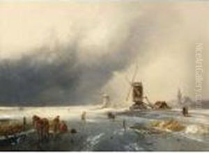 A Winter Landscape With Figures On A Frozen Waterway A Winter Landscape With Figures On A Frozen Waterway