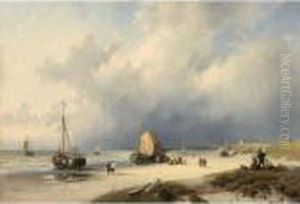 Bomschuiten And Fisherfolk On The Beach by Charles Henri Leickert