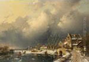 A Winter Landscape With Skaters Near A 'koek En Zopie'