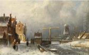 Villagers In A Snow Covered Dutch Town, A Windmill In The Distance by Charles Henri Leickert