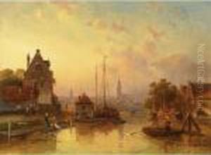 A View Of A Town By A River At Dusk