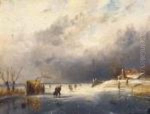 Skaters On The Ice By A Koek En Zopie by Charles Henri Leickert