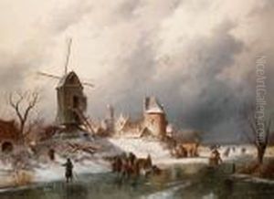 Winter Landscape With Figures On A River By A Village