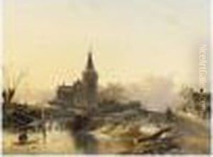 A Winter Landscape With Figures On The Ice by Charles Henri Leickert