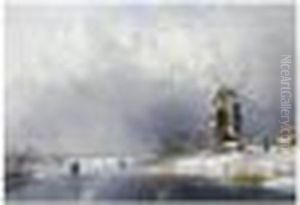 A Frozen Waterway With Skaters Near A Windmill by Charles Henri Leickert