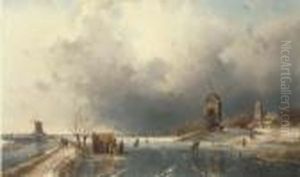 Skaters In A Winter Landscape by Charles Henri Leickert
