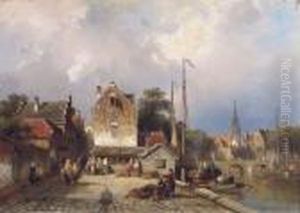 Daily Activities On A Quay In A Dutch Town by Charles Henri Leickert