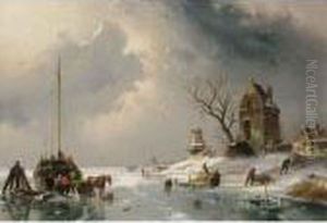 Figures Loading A Horse-drawn Cart On The Ice by Charles Henri Leickert