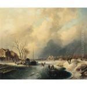 Figures On The Ice By A Dutch Town