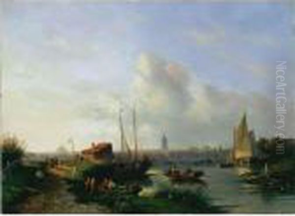 A River Landscape With Figures In Rowing Boats, A Town Beyond - view 1
