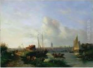 A River Landscape With Figures In Rowing Boats, A Town Beyond by Charles Henri Leickert
