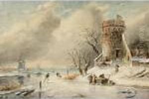 A Winter Landscape With Skaters On The Ice by Charles Henri Leickert