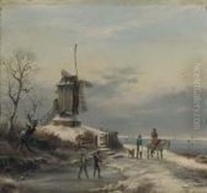Figures At A Windmill By A Frozen Waterway by Charles Henri Leickert