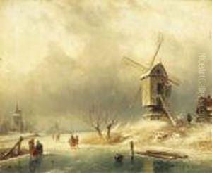 Winter: Figures On The Ice By A Windmill by Charles Henri Leickert