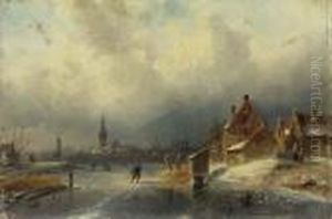 Figures On The Ice By A Dutch Town