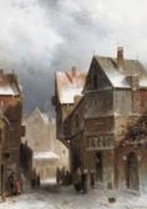 Figures On A Street In Winter by Charles Henri Leickert