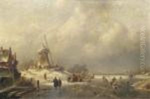 Figures And A Koek En Zopie On The Ice By A Windmill by Charles Henri Leickert