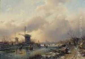 Figures On The Ice By A Koek En Zopie, A Country Road Leading To A Town In The Distance by Charles Henri Leickert
