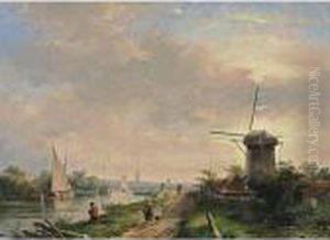 A Summer Landscape With Figures Walking Along A Waterway by Charles Henri Leickert