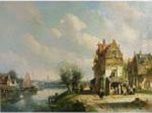 A View Of A Dutch Town With Figures By A Vegetable Stall by Charles Henri Leickert