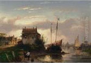 A Town By A River At Dusk by Charles Henri Leickert