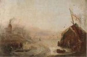Figures Fishing Through The Ice By An Encampment On Awaterway