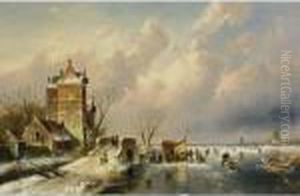 Skaters On The Ice Near A 'koek En Zopie' by Charles Henri Leickert