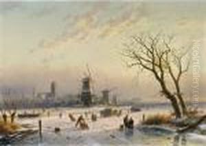 Skaters By A "koek En Zopie", Mills In The Distance by Charles Henri Leickert