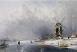 A Winter Landscape With Skaters By A Mill by Charles Henri Leickert