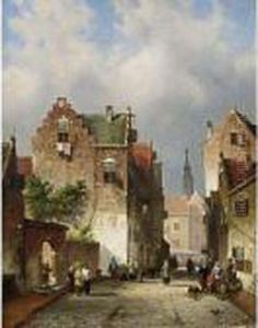 Townsfolk In A Busy Street by Charles Henri Leickert